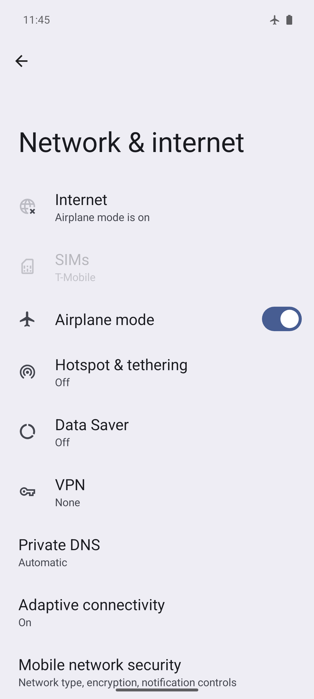 Network & internet settings with airplane mode enabled